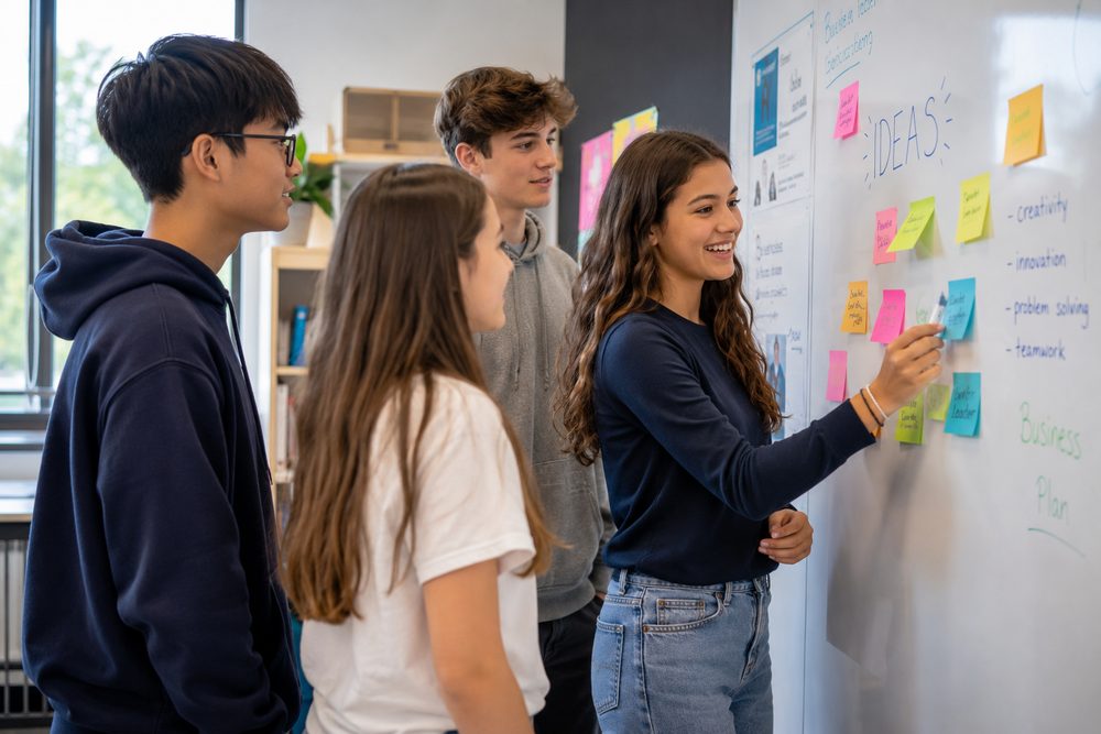 Four high-school students brainstorming startup ideas on a whiteboard covered in sticky notes.