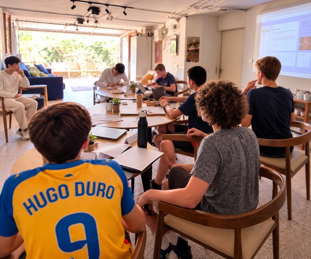 Students following a projected presentation during the first Saturday session.