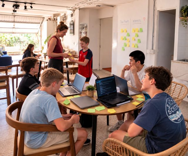 A mentor reviews ideas with a student team around a table of laptops and sticky notes.
