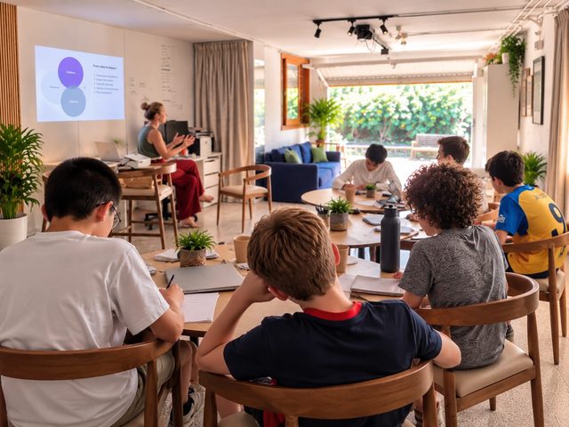 A mentor gives a talk to the students, with her slides projected on the wall.