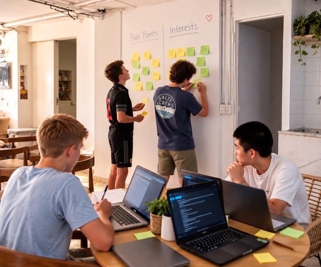 Two students add sticky notes to a “Pain Points” and “Interests” whiteboard while teammates work on laptops.