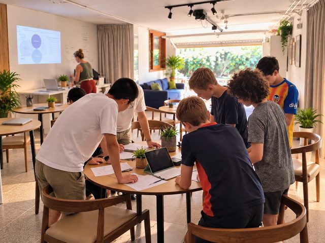 Students standing around a table, collaborating on their project during the workshop.