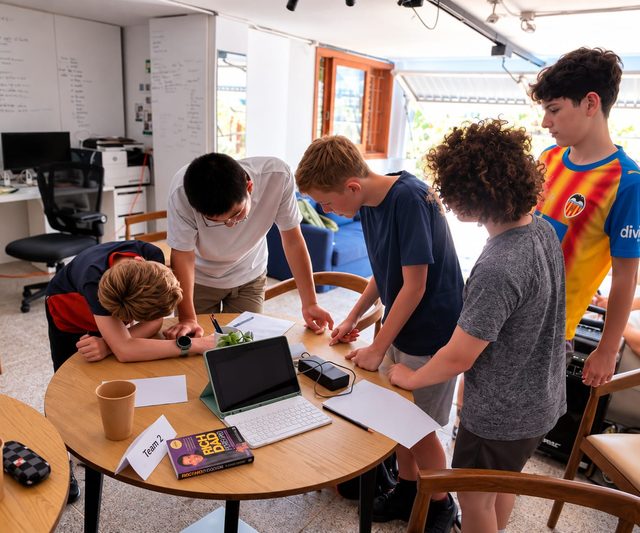 A student team leans over the table to plan their project on a tablet.